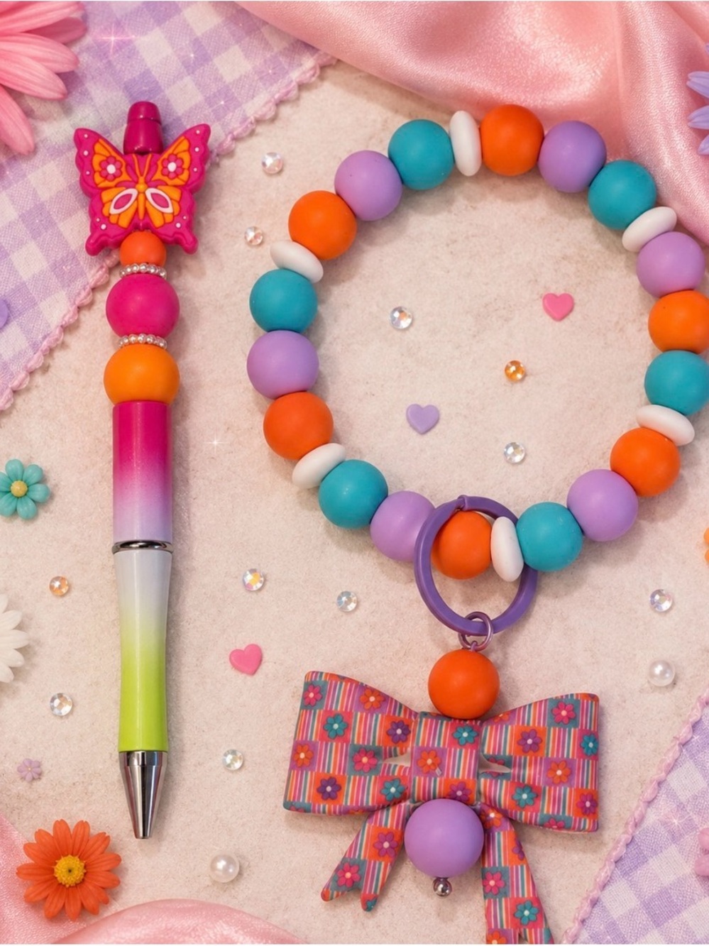 Handmade Colorful Beaded Wristlet Keychain with bow & Butterfly Pen Set